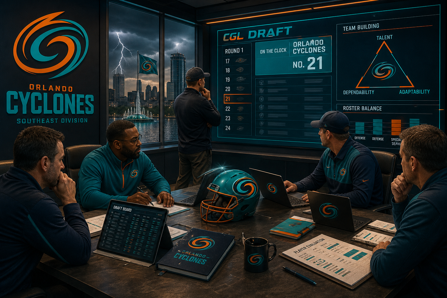 Orlando Cyclones pre-draft interview feature illustration — official CGL draft position No. 21