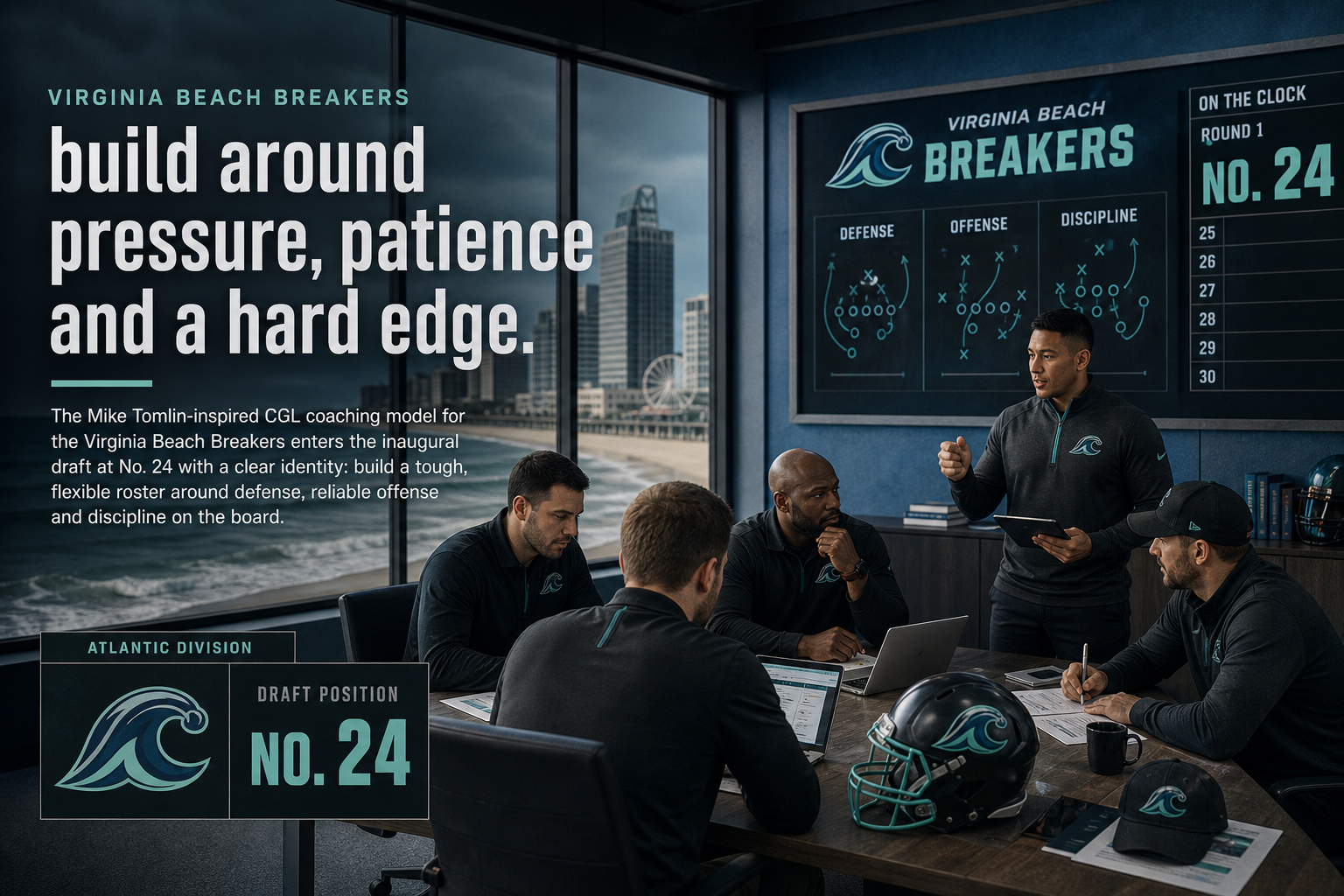Virginia Beach Breakers pre-draft interview feature illustration — official CGL draft position No. 24