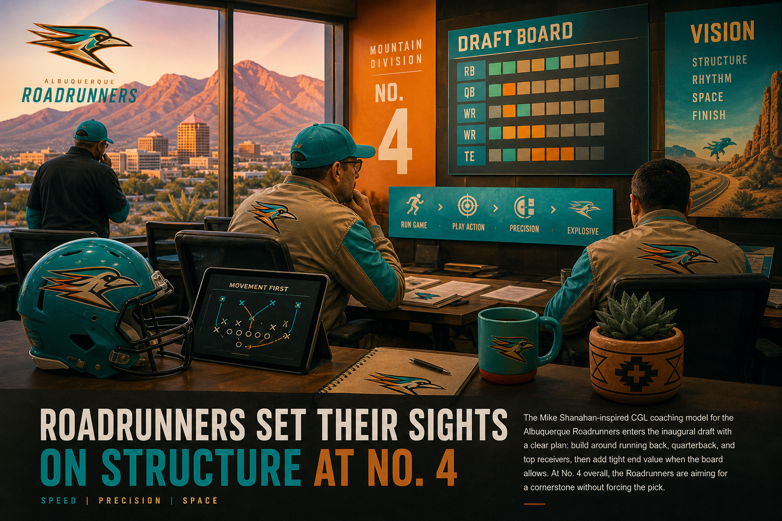 Albuquerque Roadrunners pre-draft interview feature illustration — official CGL draft position No. 4