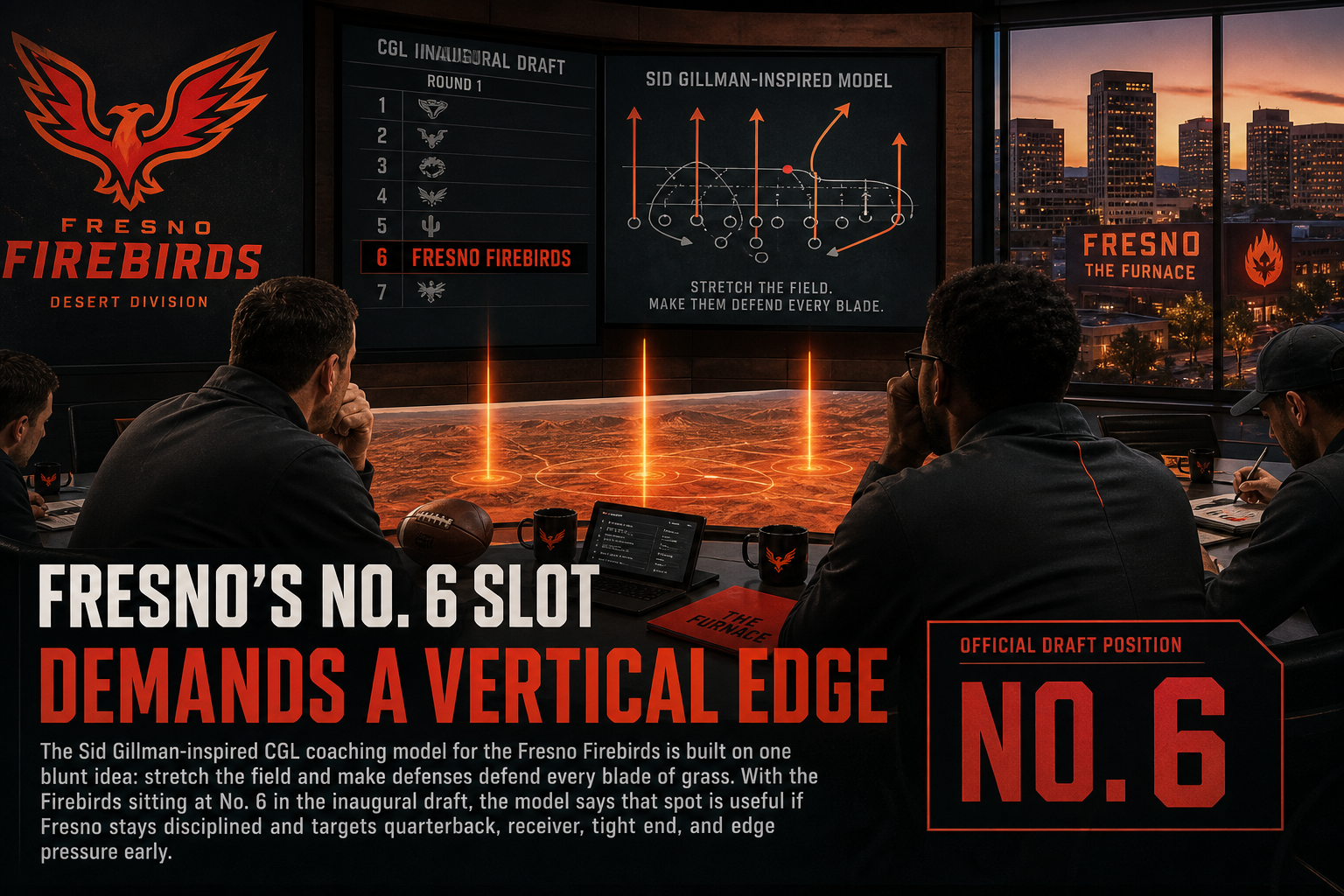 Fresno Firebirds pre-draft interview feature illustration — official CGL draft position No. 6