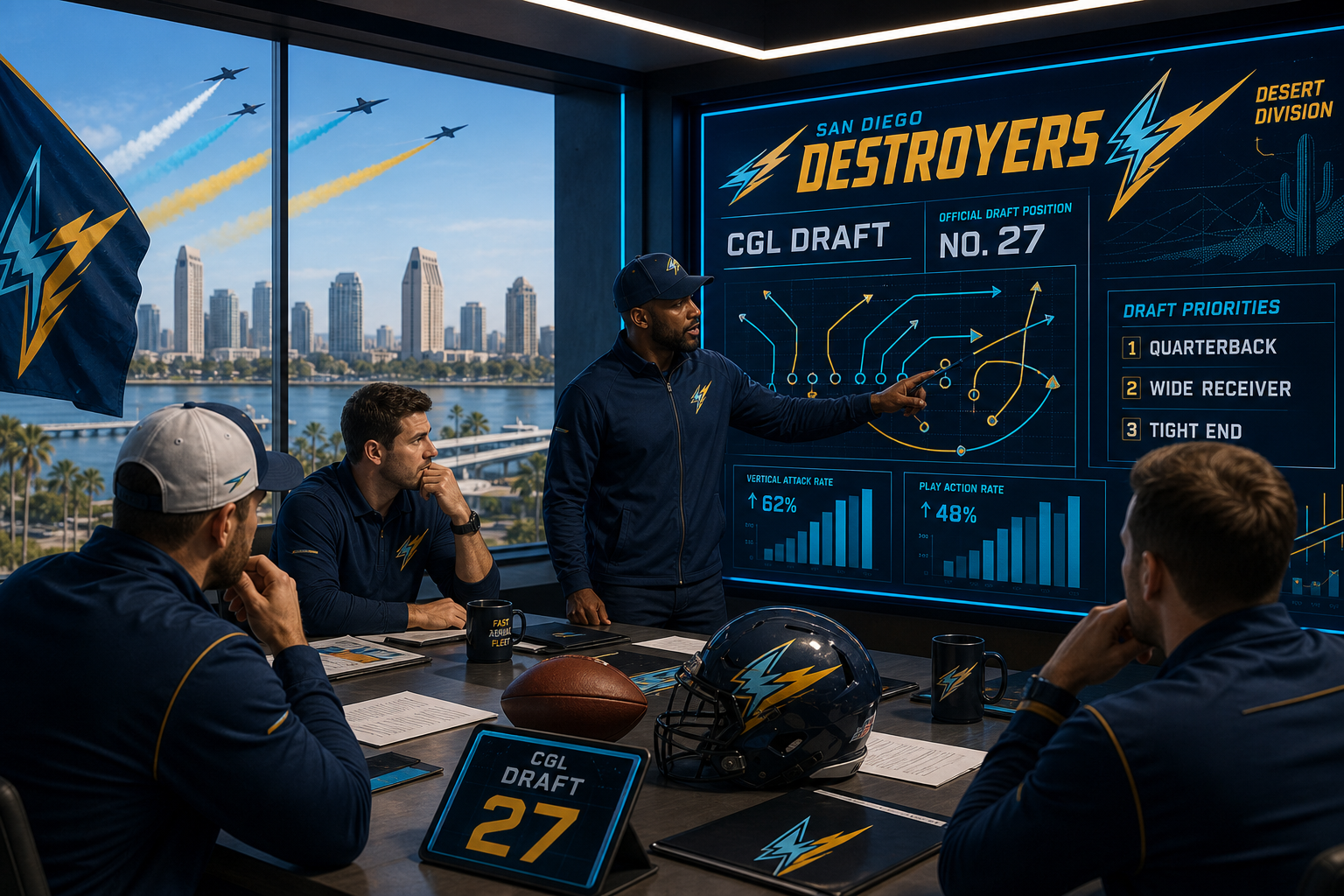 San Diego Destroyers pre-draft interview feature illustration — official CGL draft position No. 27