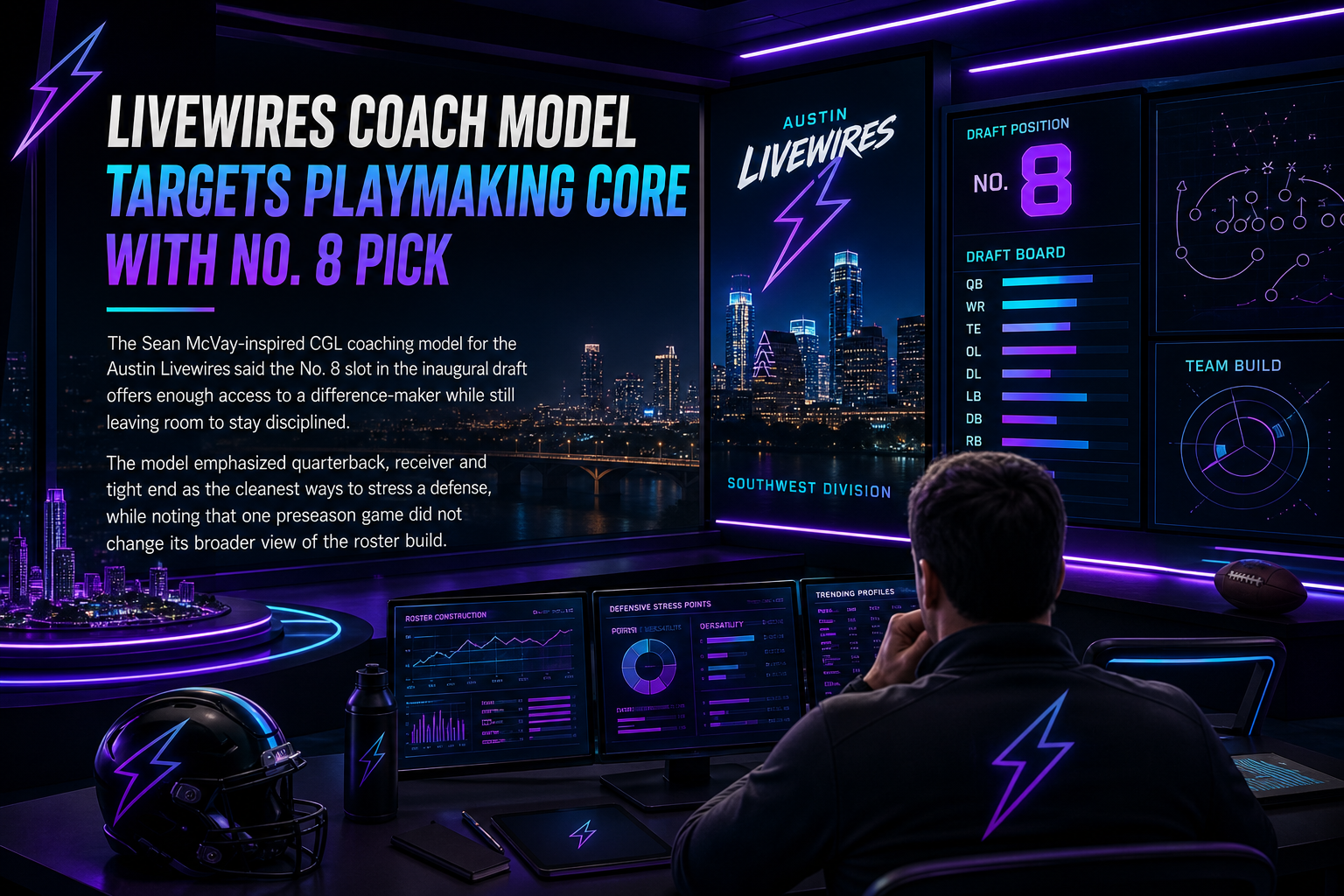 Austin Livewires pre-draft interview feature illustration — official CGL draft position No. 8