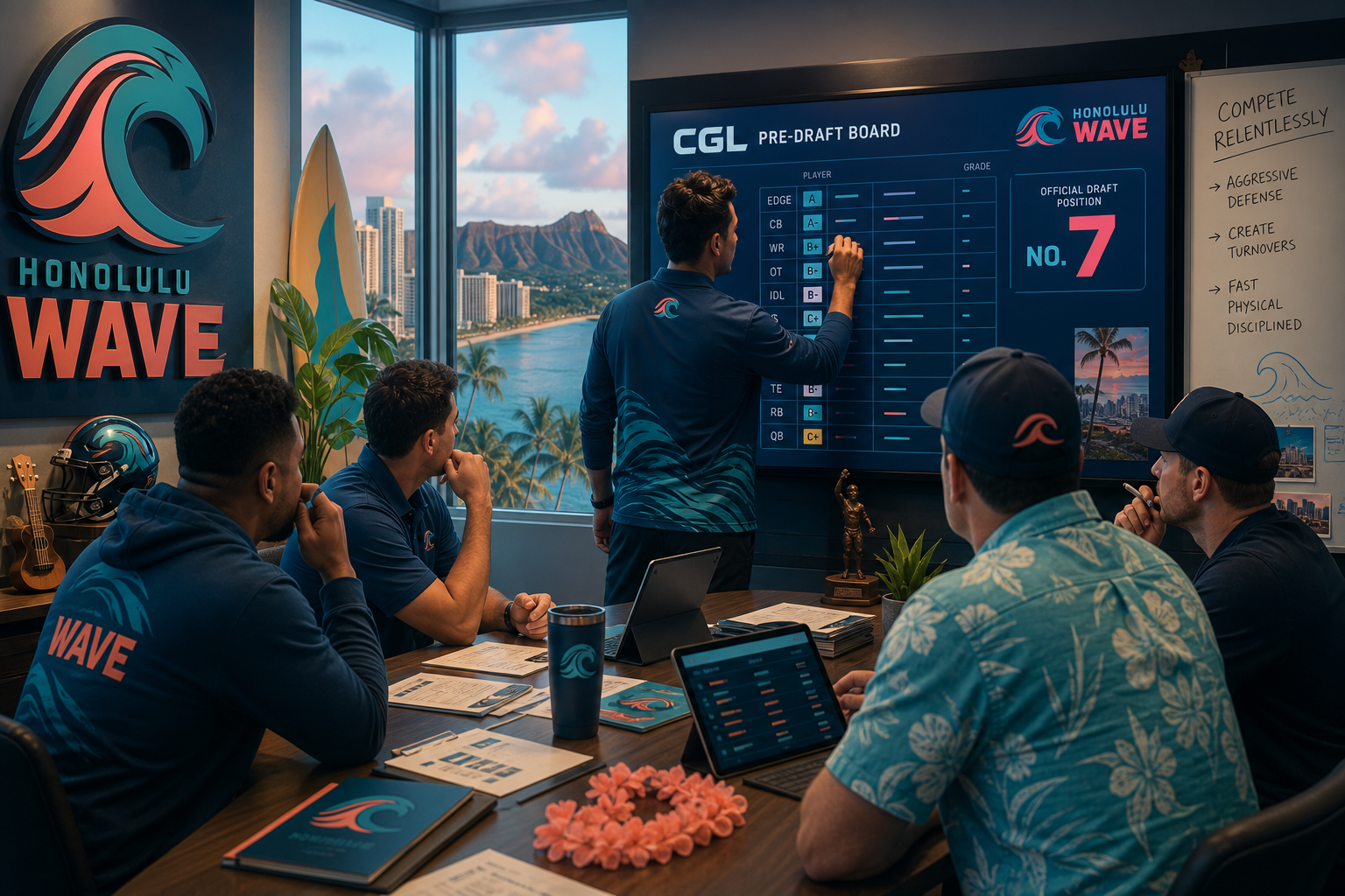 Honolulu Wave pre-draft interview feature illustration — official CGL draft position No. 7