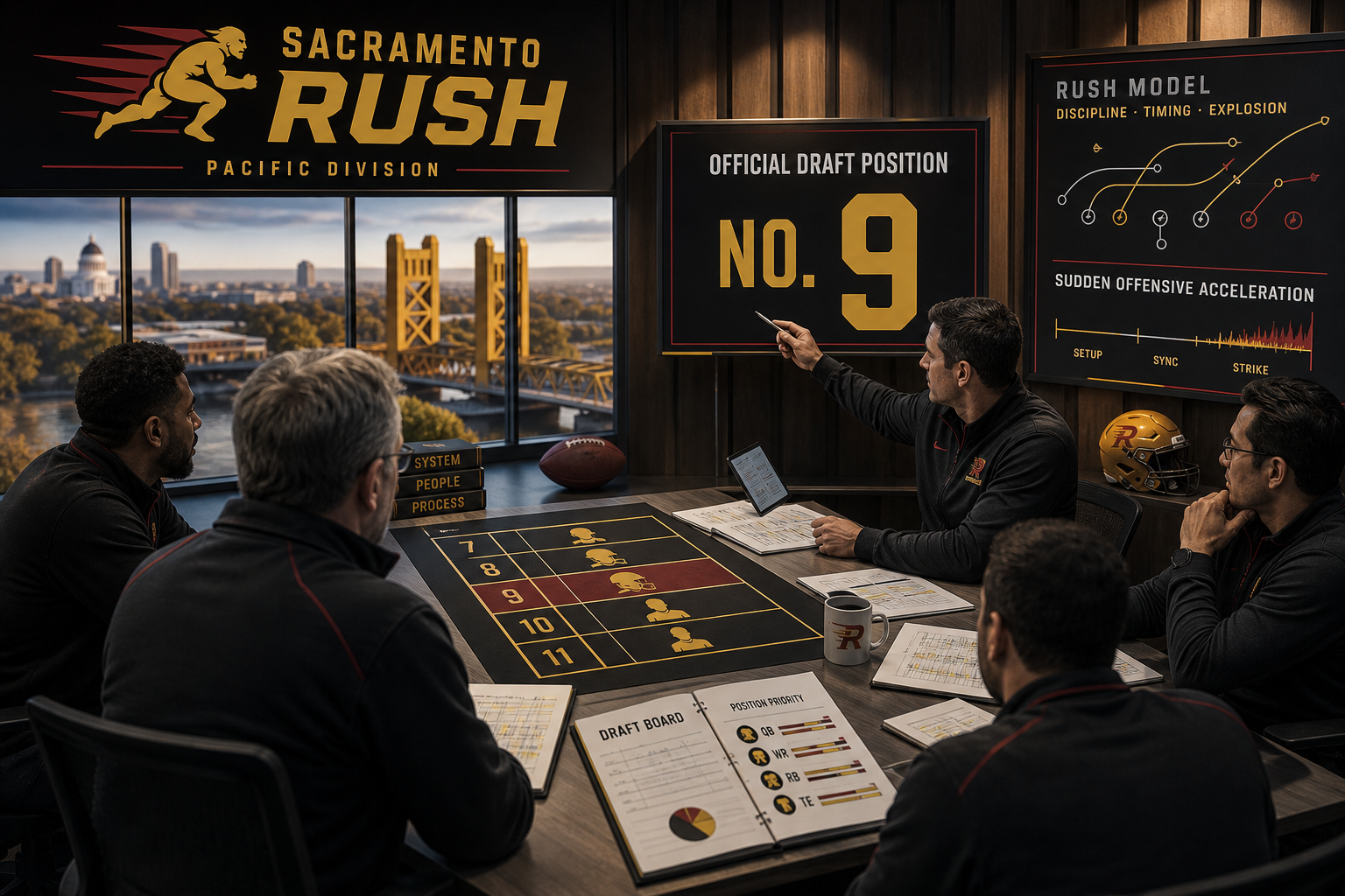 Sacramento Rush pre-draft interview feature illustration — official CGL draft position No. 9